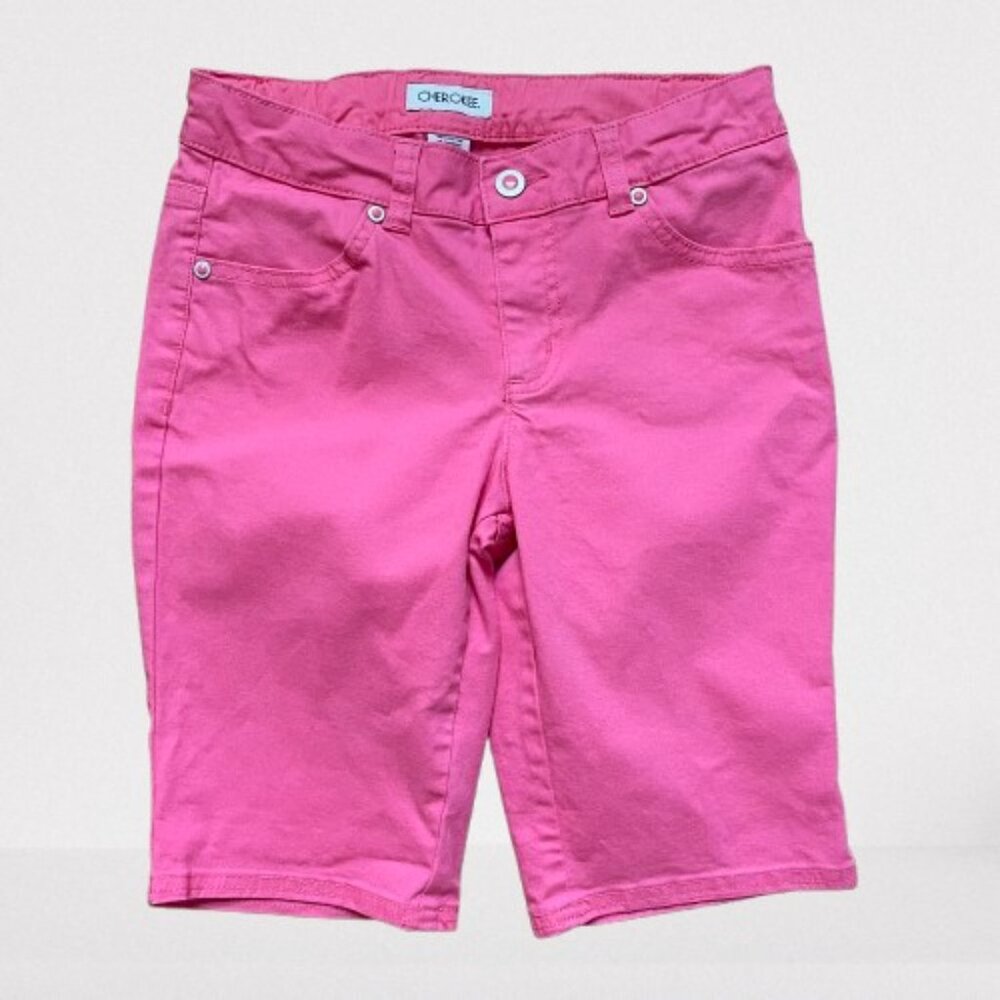 CHEROKEE Girls Cotton Denim Pink Bermuda Shorts Adjustable Waist Size L (10/12)